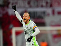 Maximilian Arnold of VfL Wolfsburg  gestures during the Bundesliga match between RB Leipzig and VfL Wolfsburg at Red Bull Arena, Leipzig, Ge...