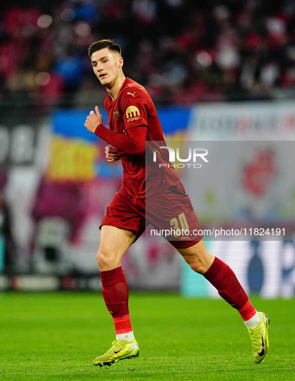 Benjamin Sesko of RB Leipzig  looks on during the Bundesliga match between RB Leipzig and VfL Wolfsburg at Red Bull Arena, Leipzig, Germany...