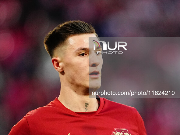 Benjamin Sesko of RB Leipzig  looks on during the Bundesliga match between RB Leipzig and VfL Wolfsburg at Red Bull Arena, Leipzig, Germany...