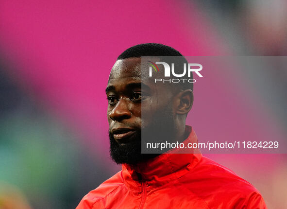 Lutsharel Geertruida of RB Leipzig  looks on during the Bundesliga match between RB Leipzig and VfL Wolfsburg at Red Bull Arena, Leipzig, Ge...