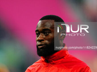 Lutsharel Geertruida of RB Leipzig  looks on during the Bundesliga match between RB Leipzig and VfL Wolfsburg at Red Bull Arena, Leipzig, Ge...