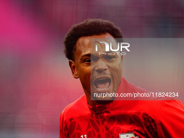 Lois Openda of RB Leipzig  looks on during the Bundesliga match between RB Leipzig and VfL Wolfsburg at Red Bull Arena, Leipzig, Germany on...