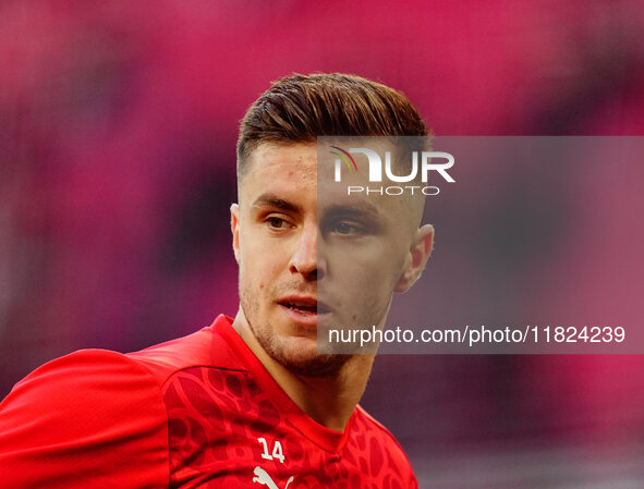 Christoph Baumgartner of RB Leipzig  looks on during the Bundesliga match between RB Leipzig and VfL Wolfsburg at Red Bull Arena, Leipzig, G...