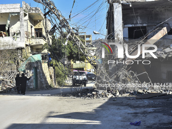 Following the ceasefire agreement between Israel and Lebanon, residents of the southern Lebanese city of Nabatieh return to their homes on N...