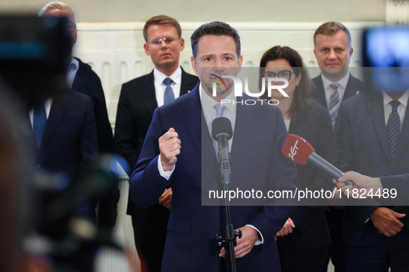 Rafal Trzaskowski, Mayor of Warsaw and the Civic Coalition (KO) candidate in the upcoming presidential campaign attends a press conference o...