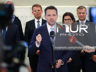 Rafal Trzaskowski, Mayor of Warsaw and the Civic Coalition (KO) candidate in the upcoming presidential campaign attends a press conference o...