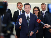 Rafal Trzaskowski, Mayor of Warsaw and the Civic Coalition (KO) candidate in the upcoming presidential campaign attends a press conference o...