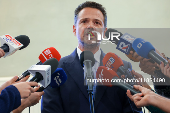 Rafal Trzaskowski, Mayor of Warsaw and the Civic Coalition (KO) candidate in the upcoming presidential campaign attends a press conference o...