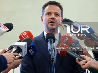 Rafal Trzaskowski, Mayor of Warsaw and the Civic Coalition (KO) candidate in the upcoming presidential campaign attends a press conference o...