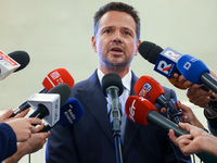 Rafal Trzaskowski, Mayor of Warsaw and the Civic Coalition (KO) candidate in the upcoming presidential campaign attends a press conference o...