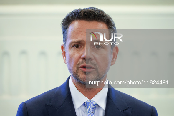 Rafal Trzaskowski, Mayor of Warsaw and the Civic Coalition (KO) candidate in the upcoming presidential campaign attends a press conference o...