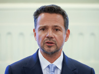 Rafal Trzaskowski, Mayor of Warsaw and the Civic Coalition (KO) candidate in the upcoming presidential campaign attends a press conference o...