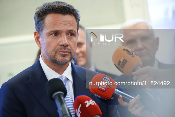 Rafal Trzaskowski, Mayor of Warsaw and the Civic Coalition (KO) candidate in the upcoming presidential campaign attends a press conference o...