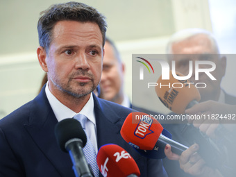 Rafal Trzaskowski, Mayor of Warsaw and the Civic Coalition (KO) candidate in the upcoming presidential campaign attends a press conference o...