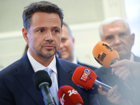 Rafal Trzaskowski, Mayor of Warsaw and the Civic Coalition (KO) candidate in the upcoming presidential campaign attends a press conference o...