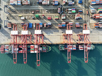 Cargo ships dock at the Lianyungang packing terminal to load and unload containers in Lianyungang, China, on December 1, 2024. (