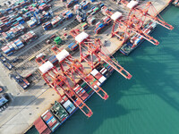 Cargo ships dock at the Lianyungang packing terminal to load and unload containers in Lianyungang, China, on December 1, 2024. (