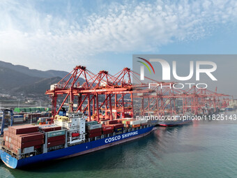 Cargo ships dock at the Lianyungang packing terminal to load and unload containers in Lianyungang, China, on December 1, 2024. (