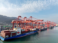 Cargo ships dock at the Lianyungang packing terminal to load and unload containers in Lianyungang, China, on December 1, 2024. (