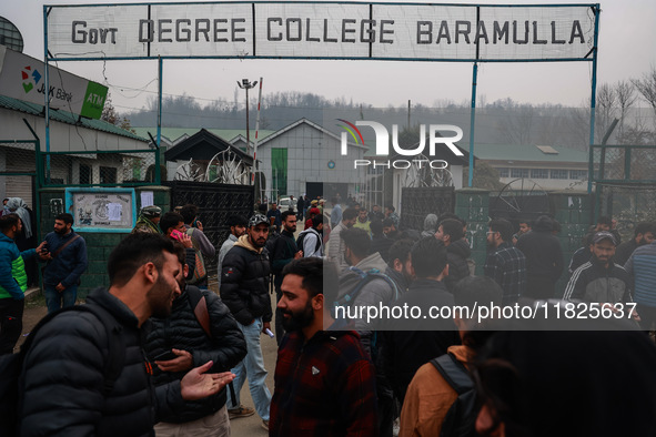 Kashmiri unemployed youth stand outside an examination center in Baramulla, Jammu and Kashmir, India, on December 1, 2024. More than 5.59 la...