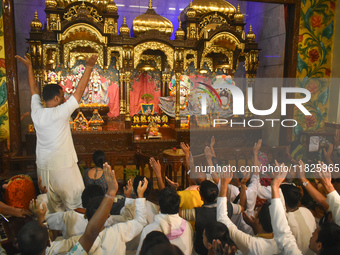 Iskcon members pray to protest against atrocities on Hindus in Bangladesh in Kolkata, India, on December 1, 2024. (