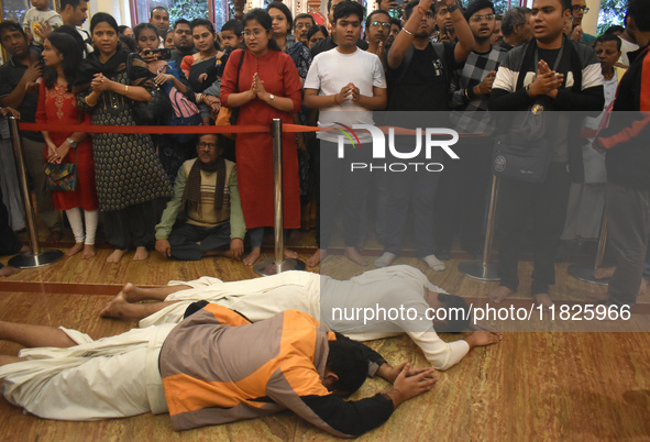 Iskcon members pray to protest against atrocities on Hindus in Bangladesh in Kolkata, India, on December 1, 2024. 