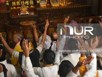 Iskcon members pray to protest against atrocities on Hindus in Bangladesh in Kolkata, India, on December 1, 2024. (