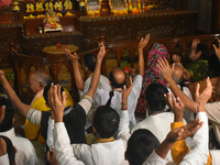 Iskcon members pray to protest against atrocities on Hindus in Bangladesh in Kolkata, India, on December 1, 2024. (