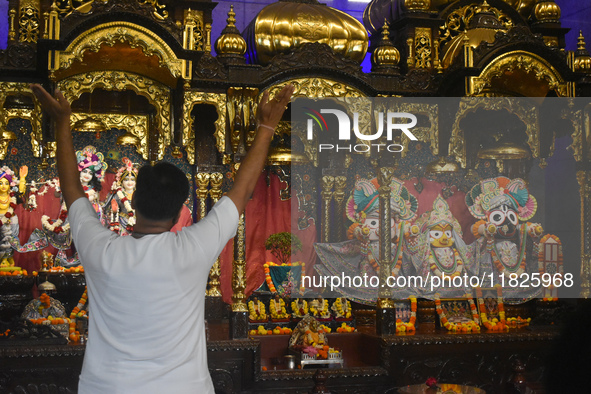 Iskcon members pray to protest against atrocities on Hindus in Bangladesh in Kolkata, India, on December 1, 2024. 