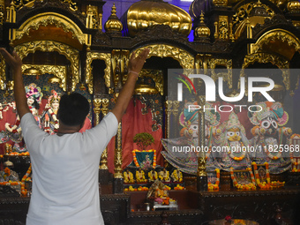 Iskcon members pray to protest against atrocities on Hindus in Bangladesh in Kolkata, India, on December 1, 2024. (