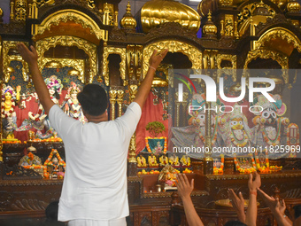 Iskcon members pray to protest against atrocities on Hindus in Bangladesh in Kolkata, India, on December 1, 2024. (