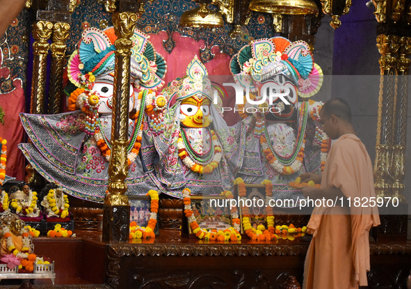 Iskcon members pray to protest against atrocities on Hindus in Bangladesh in Kolkata, India, on December 1, 2024. 