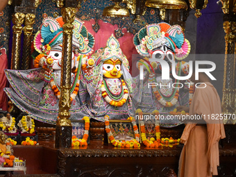 Iskcon members pray to protest against atrocities on Hindus in Bangladesh in Kolkata, India, on December 1, 2024. (