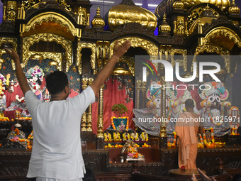 Iskcon members pray to protest against atrocities on Hindus in Bangladesh in Kolkata, India, on December 1, 2024. (