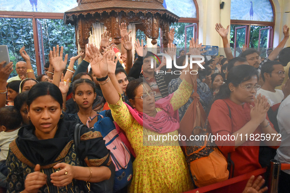 Iskcon members pray to protest against atrocities on Hindus in Bangladesh in Kolkata, India, on December 1, 2024. 