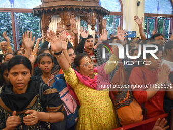 Iskcon members pray to protest against atrocities on Hindus in Bangladesh in Kolkata, India, on December 1, 2024. (