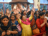 Iskcon members pray to protest against atrocities on Hindus in Bangladesh in Kolkata, India, on December 1, 2024. (