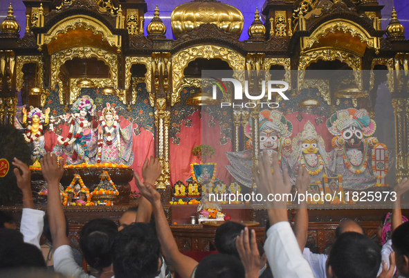 Iskcon members pray to protest against atrocities on Hindus in Bangladesh in Kolkata, India, on December 1, 2024. 