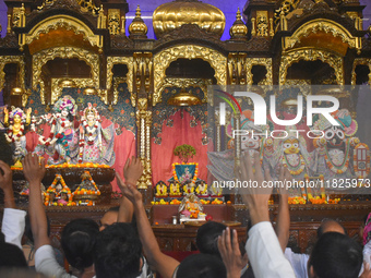 Iskcon members pray to protest against atrocities on Hindus in Bangladesh in Kolkata, India, on December 1, 2024. (