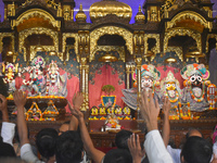 Iskcon members pray to protest against atrocities on Hindus in Bangladesh in Kolkata, India, on December 1, 2024. (