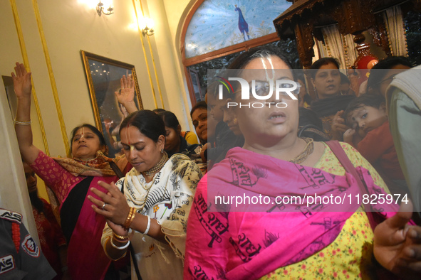 Iskcon members pray to protest against atrocities on Hindus in Bangladesh in Kolkata, India, on December 1, 2024. 