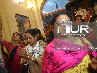 Iskcon members pray to protest against atrocities on Hindus in Bangladesh in Kolkata, India, on December 1, 2024. (