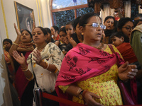 Iskcon members pray to protest against atrocities on Hindus in Bangladesh in Kolkata, India, on December 1, 2024. (