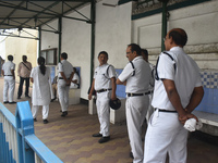 Kolkata Police officers stand beside the Bangladesh High Commissioner's office in Kolkata, India, on December 1, 2024. Security is imposed i...