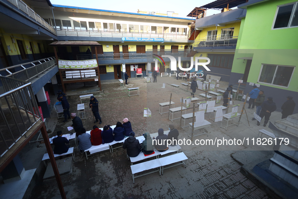 A wide view of a polling center set up in Kathmandu, Nepal, on December 1, 2024, for the by-election. A periodic election to elect 41 repres...