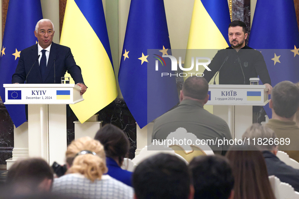 President of Ukraine Volodymyr Zelenskyy and President of the European Council Antonio Costa hold a joint news conference in Kyiv, Ukraine,...