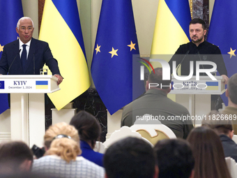 President of Ukraine Volodymyr Zelenskyy and President of the European Council Antonio Costa hold a joint news conference in Kyiv, Ukraine,...