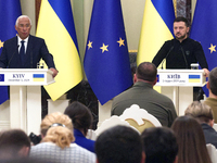 President of Ukraine Volodymyr Zelenskyy and President of the European Council Antonio Costa hold a joint news conference in Kyiv, Ukraine,...