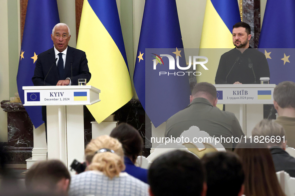 President of Ukraine Volodymyr Zelenskyy and President of the European Council Antonio Costa hold a joint news conference in Kyiv, Ukraine,...