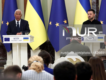 President of Ukraine Volodymyr Zelenskyy and President of the European Council Antonio Costa hold a joint news conference in Kyiv, Ukraine,...